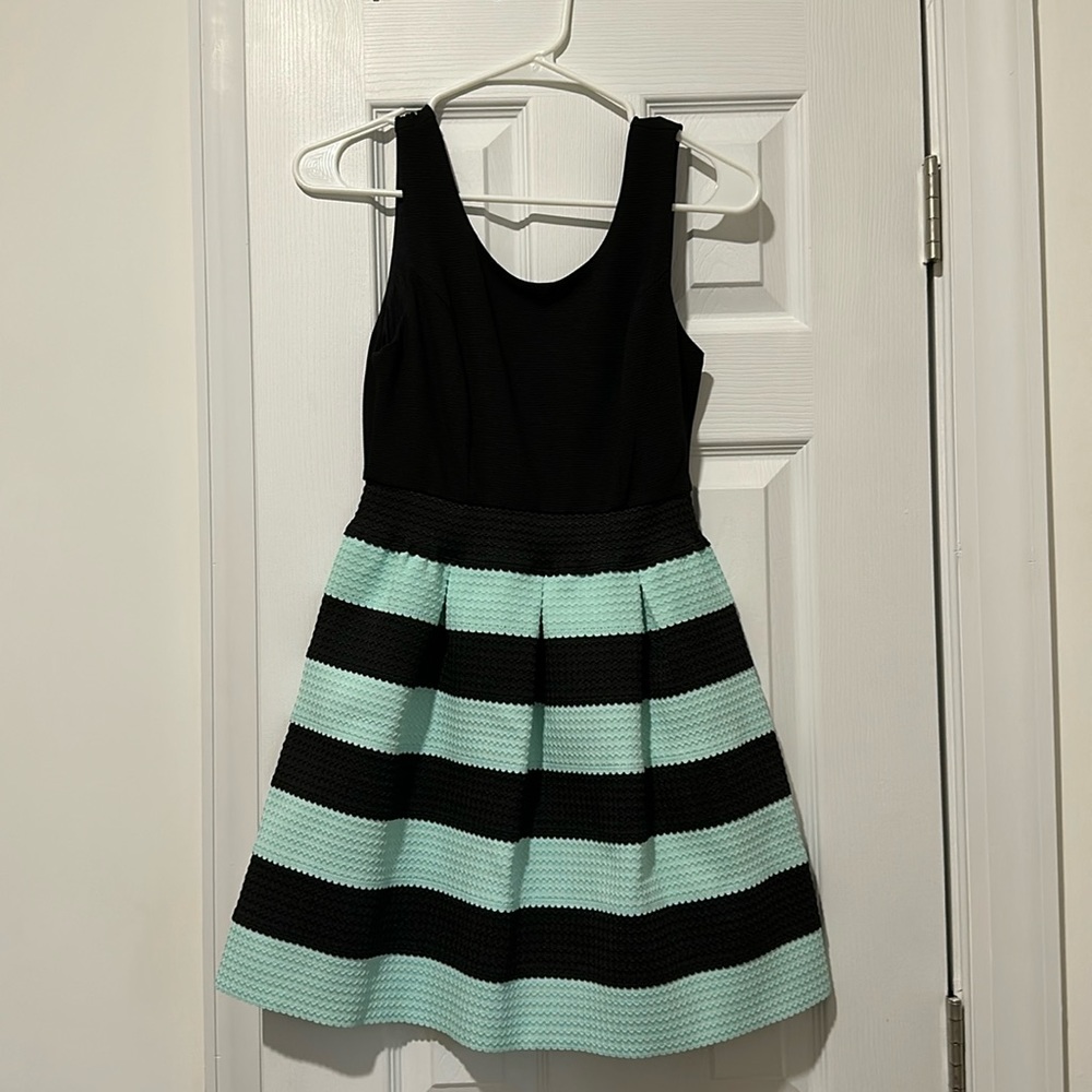 Y2K style fit and flare dress with plated mint and black stripes